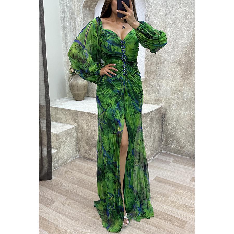 

2026 Autumn/Winter European Pleated Long-Sleeve Casual Party Dress M зелений