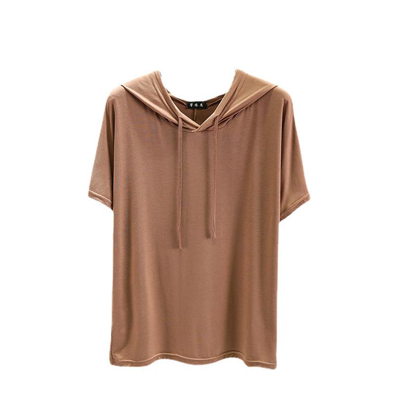 T-shirt à capuche manches courtes en modal pour femme Printemps/Été - Haut de base léger coupe ample