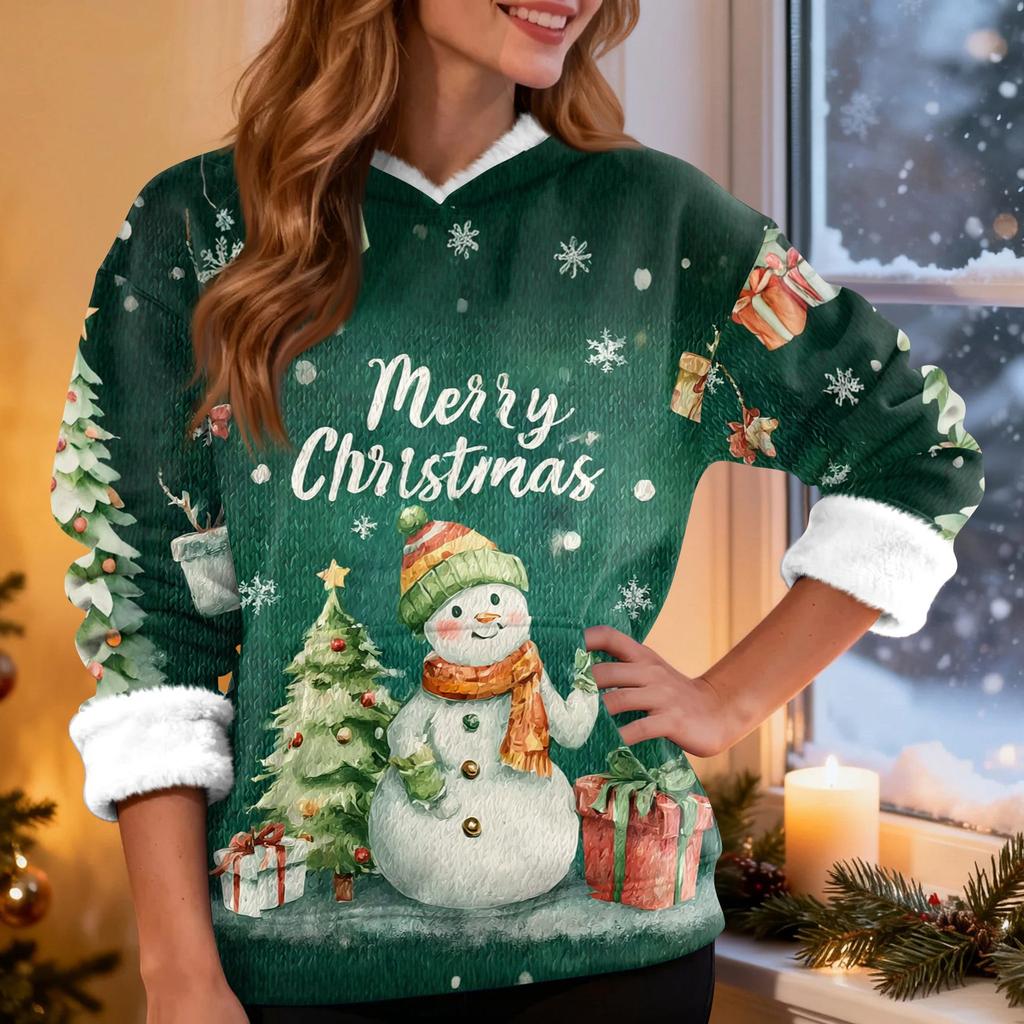 Women's Fashion Casual Long Sleeve Christmas Printed Hooded Sweatshirt