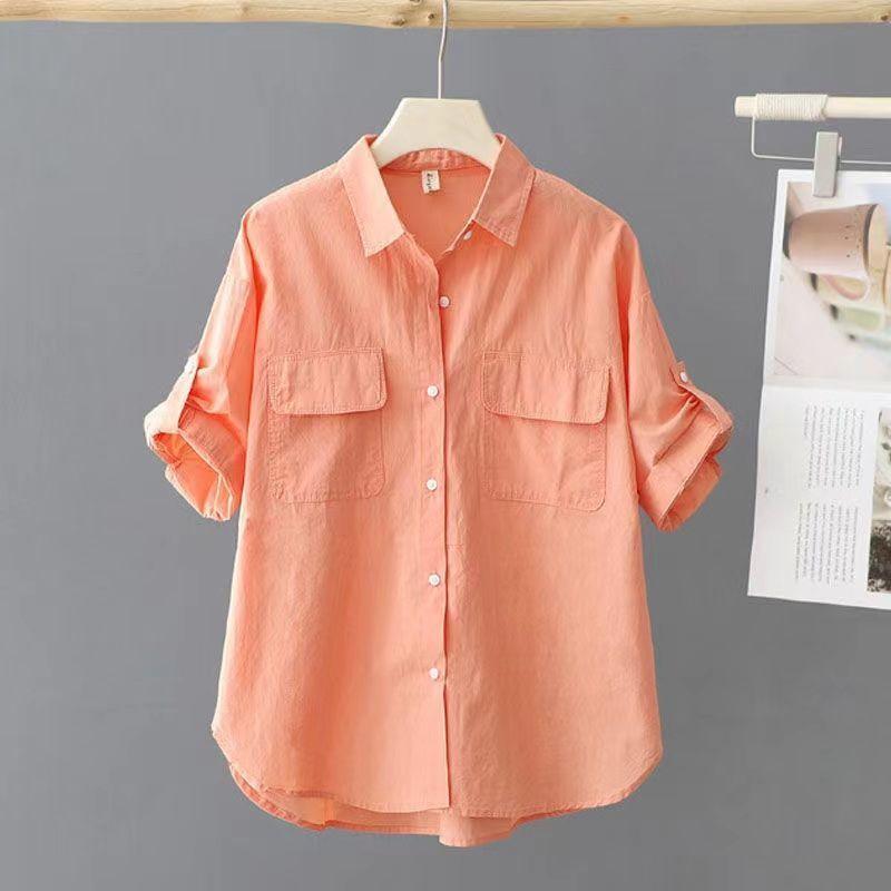 Comfortable and Breathable Women's Solid Color Short Sleeve Cotton Shirt