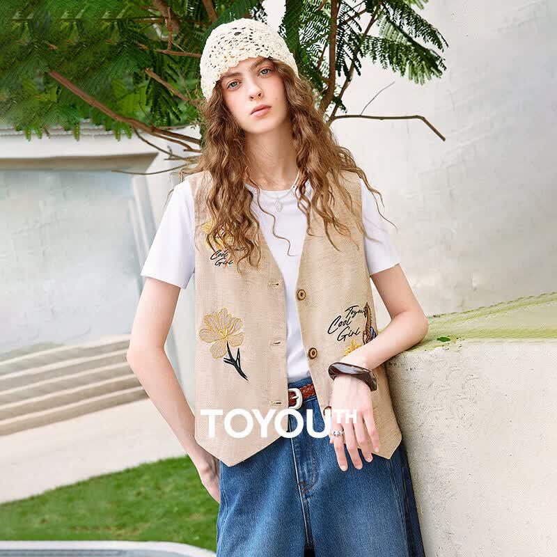Women s Retro Flower Embroidered Lyocell Linen Vest XL абрикосовый света