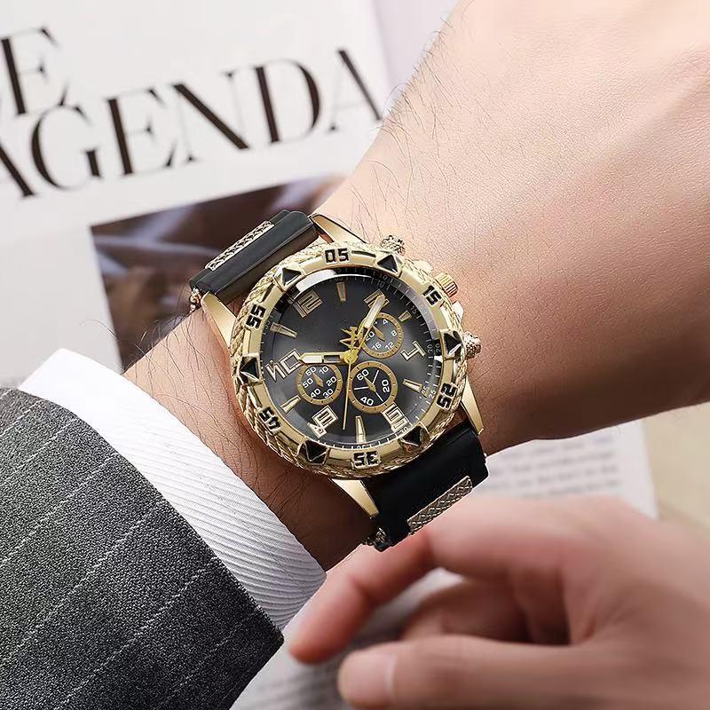 Men'S Watch Sports Fashion Trend Business Fake Three-Eye Silicone Strap Watch Digital Quartz Watch