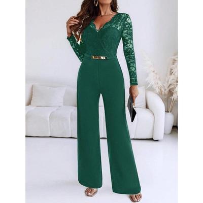 Damesmode Casual Lente Herfst Effen Kleur Print Lange Mouw V-Hals Hoge Taille Broeken Jumpsuits Rompers