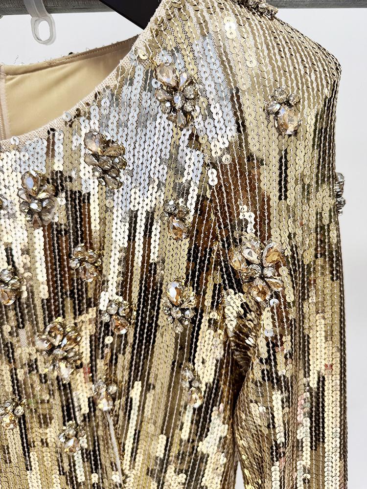 Luxury Gold Sequin Evening Gown with Heavy Beading and Rhinestones - 2026 European & American Celebrity Style