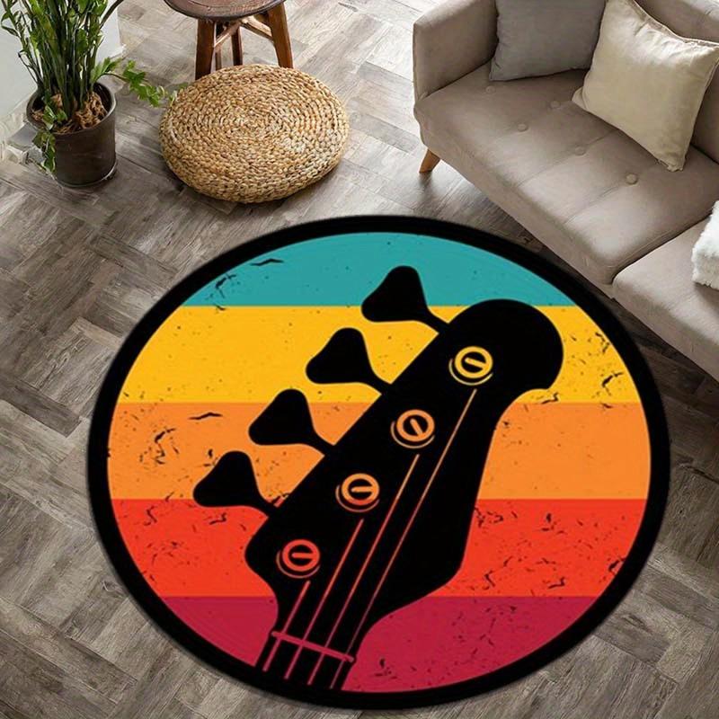 Round Retro Bass Guitar Head Print Rug Non-slip Floor Mat for Music Room Bedroom Living Room Home Decoration