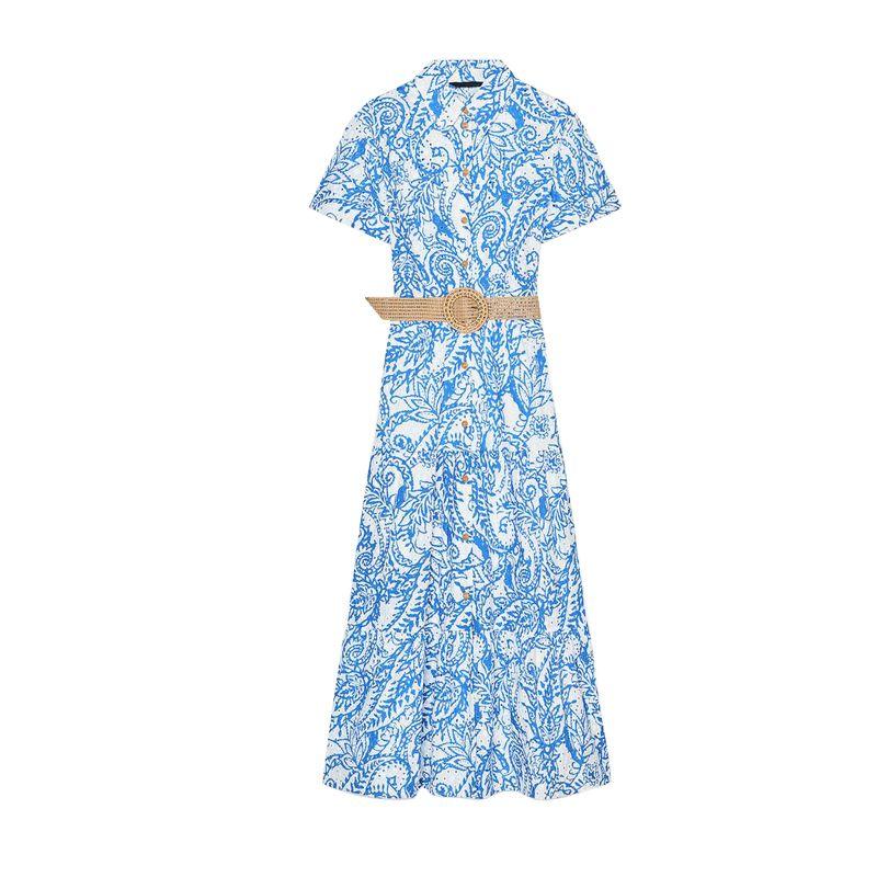 Spring and Summer Cut Out Embroider Decorative Lapel Short Sleeve with Belt Printed Shirt Type Length Dress 2157045