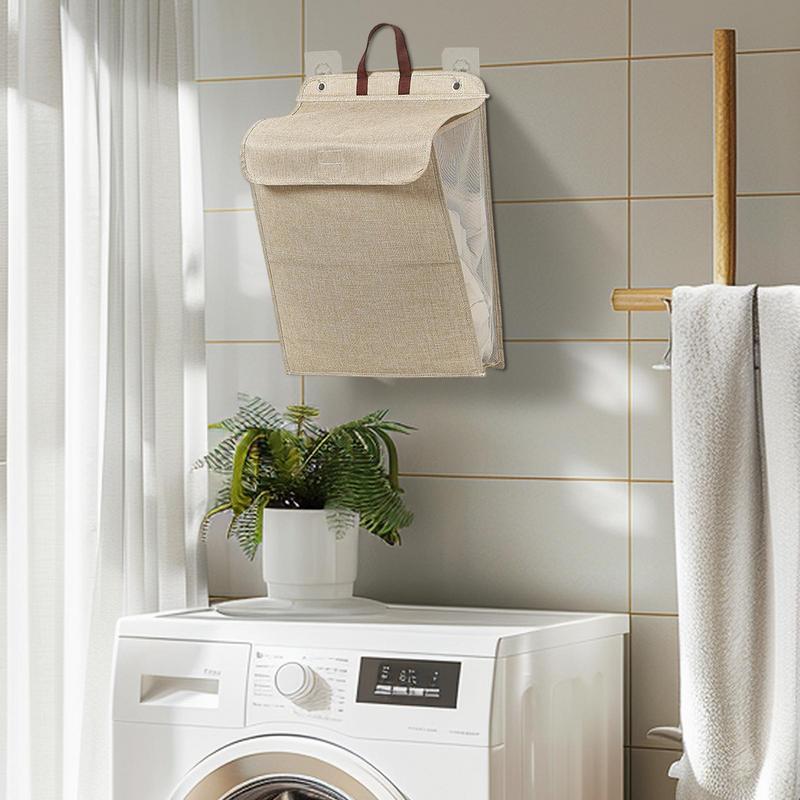 Foldable Adhesive Laundry Basket Hamper Multifunctional Punch Free Wall Hanging Washing Clothes Mesh Hook Organizer