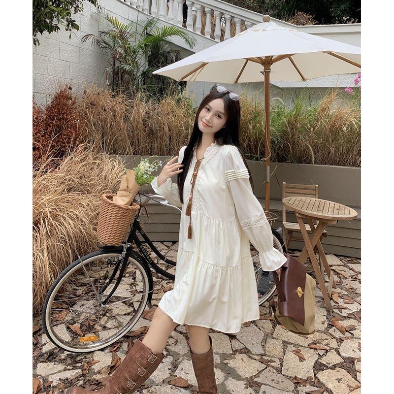 Kumikumi Gentle Wind Set French style Hollow out Long sleeve dress Women Autumn Stacked Coffee Color Vest