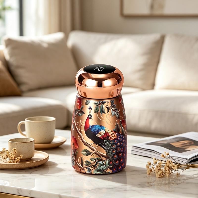 Mini Drink Tumblers with Lid Temperature Display, Stainless Steel Insulated Water Bottle, Decorative Florals Print Finish Vacuum Flask Gift