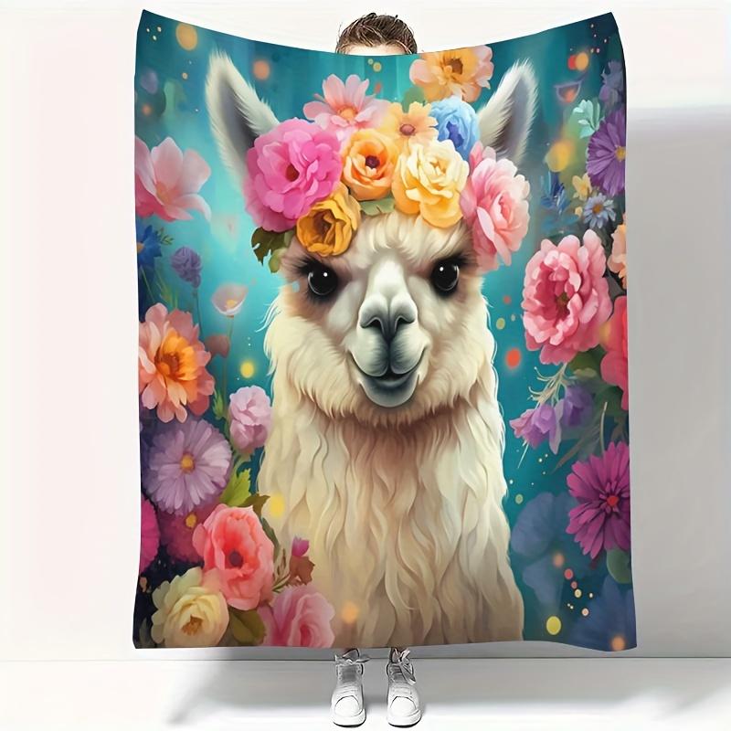 Alpaca Flower Cute Animal Floral Print Art Blanket -Soft All-Season Multi-Purpose Throw for Sofa, Bed, Living Room & Travel Gift