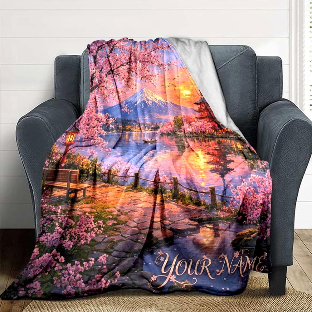 Name Custom Mount Fuji Cherry Blossoms Print Flannel Blanket High Quality Warm Comfortable Cover for All Seasons Perfect for Gifts Home Decor