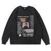 Dark Washed Vintage Anime Print Streetwear Hoodie Men - Retro Black Cotton Crewneck Sweatshirt Fall Casual Wear