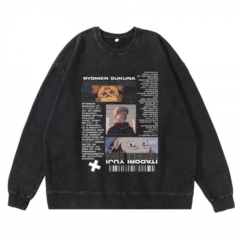 Dark Washed Vintage Anime Print Streetwear Hoodie Men - Retro Black Cotton Crewneck Sweatshirt Fall Casual Wear