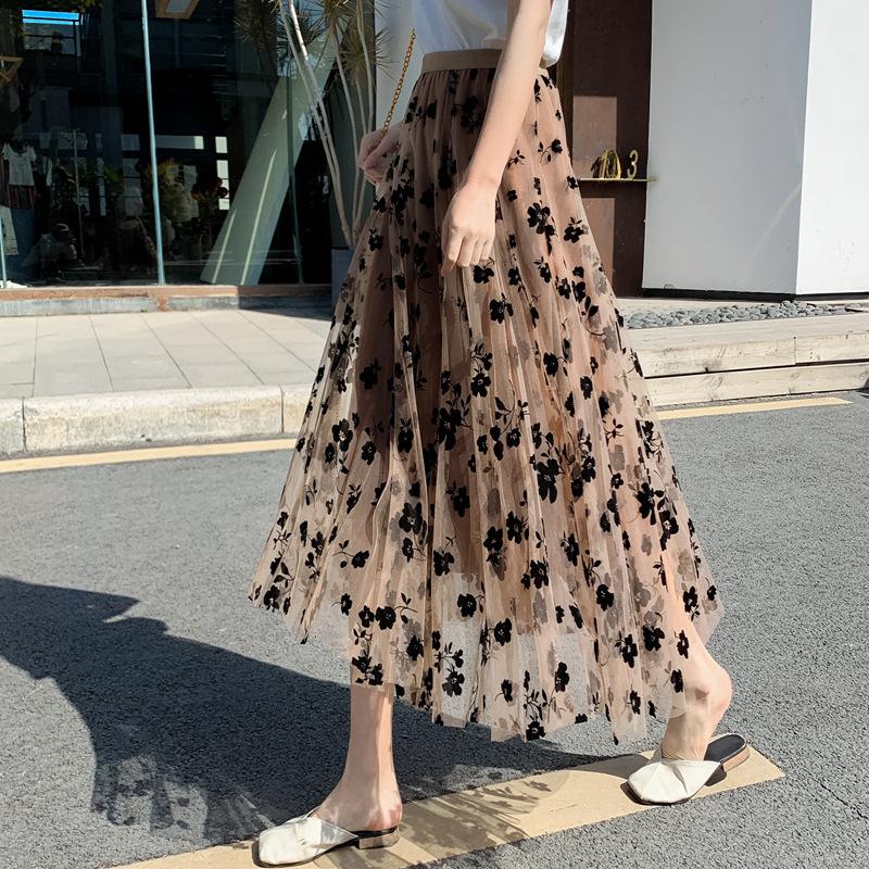 Women's Spring and Summer Mid-Length Skirt High-Waisted A-Line Flared Floral Tulle Half Skirt
