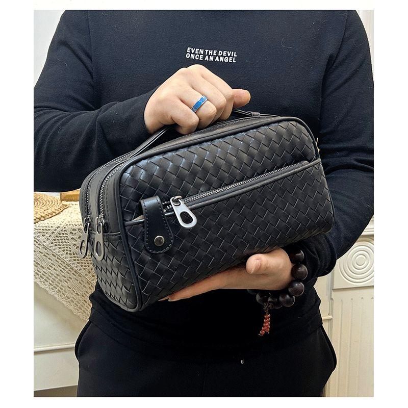 

Мужская плетеная сумка из натуральной кожи, большая, с двойной молнией, с ручкой, новинка Black