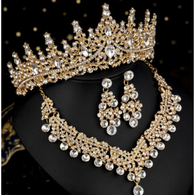 Europäischer und Amerikanischer Brautschmuck Dreiteiliges Set aus Hochwertigem Abschlussball-Hochzeitsschmuck Legierung Diamant Krone Halskette Ohrringe Set
