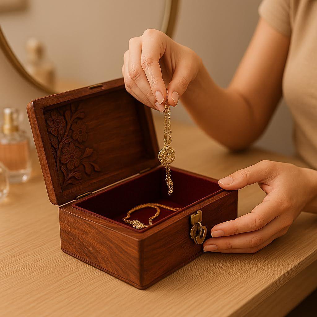 Wooden Jewelry Box with Brass Engraving Design | Handmade Wooden Jewellery Organizer Box for Rings, Earrings & Necklace Storage