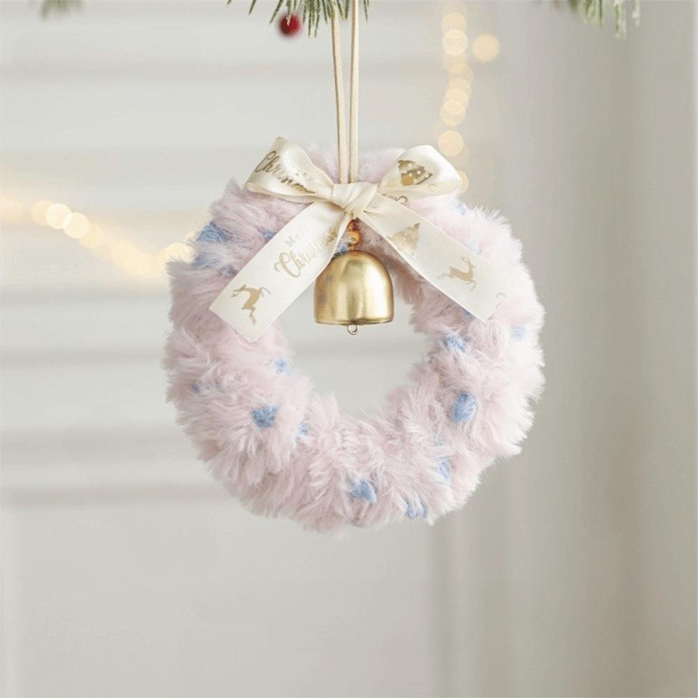 Soft Plush Christmas Wreath Ribbon Bow Bell Accents Christmas Plush Wreath Bowknot Mini Ornament Xmas Tree Wreath Holiday Home