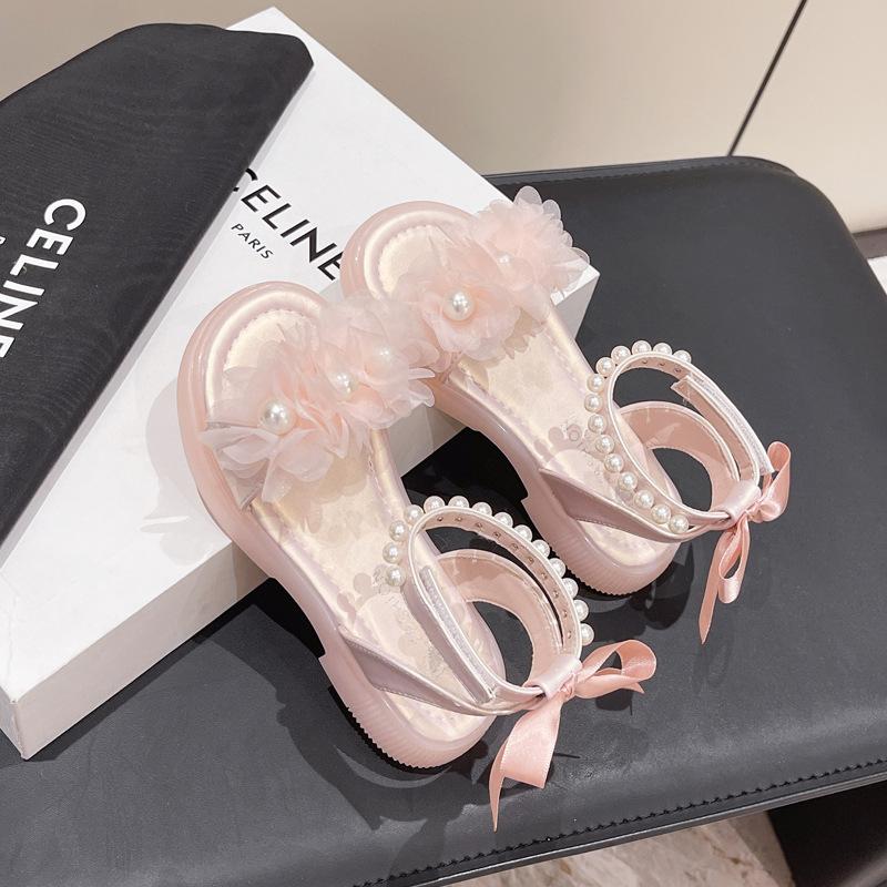 Sweet Girls Princess Sandals Summer Chic Flower Children Causal Open-toe Sandals Fashion Pearl Ankle Strap Kids Flat Sandals New