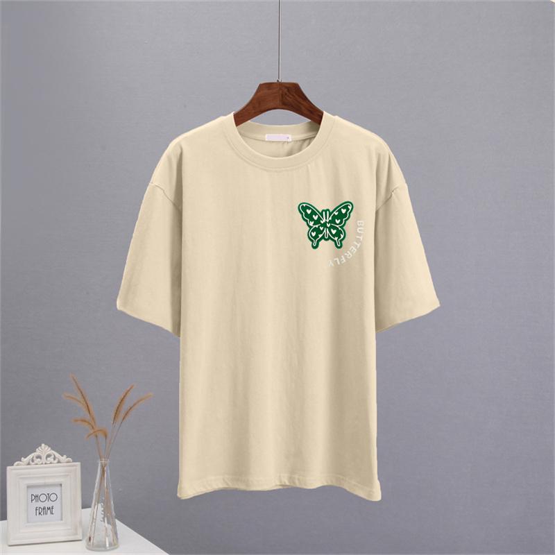 Shellsuning Sommer Baumwolle O Neck T Shirts Frauen Schöne Schmetterling Kurzarm 3D Brief Drucken Tees Lose Weiche Grundlegende Weibliche tops