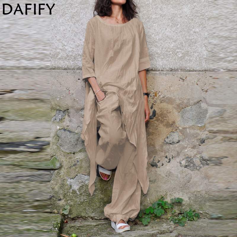 DAFIFY Women's Fashion Casual Summer Spring Solid Color Print Short Sleeve O-Neck Trousers Pants Suits