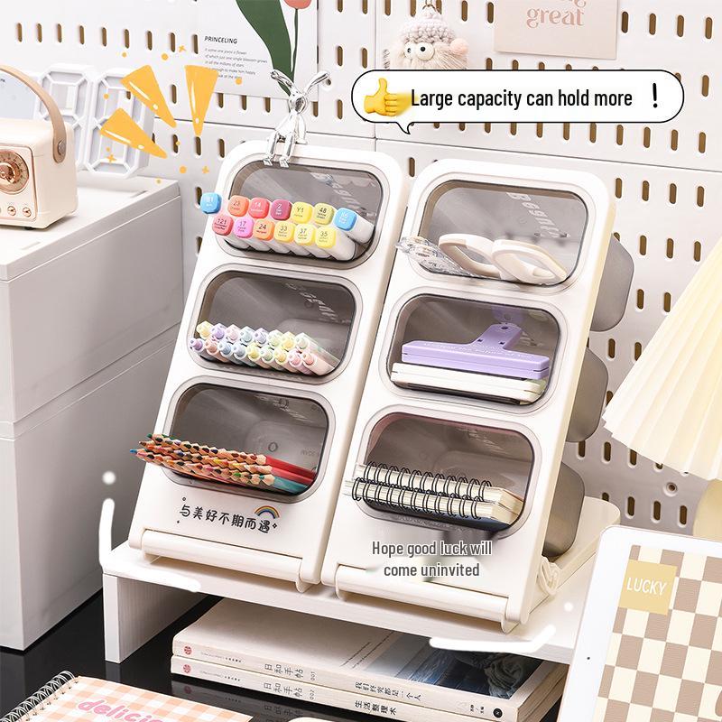 Multi-layer Desktop Storage Box with Large Capacity and Slanted Pen Holder for Office or Student Stationery.