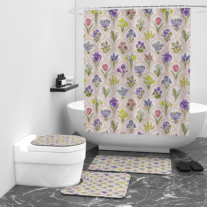 Flower and Grass Texture Digital Printing Shower Curtain Bathroom Blocking Waterproof Curtain