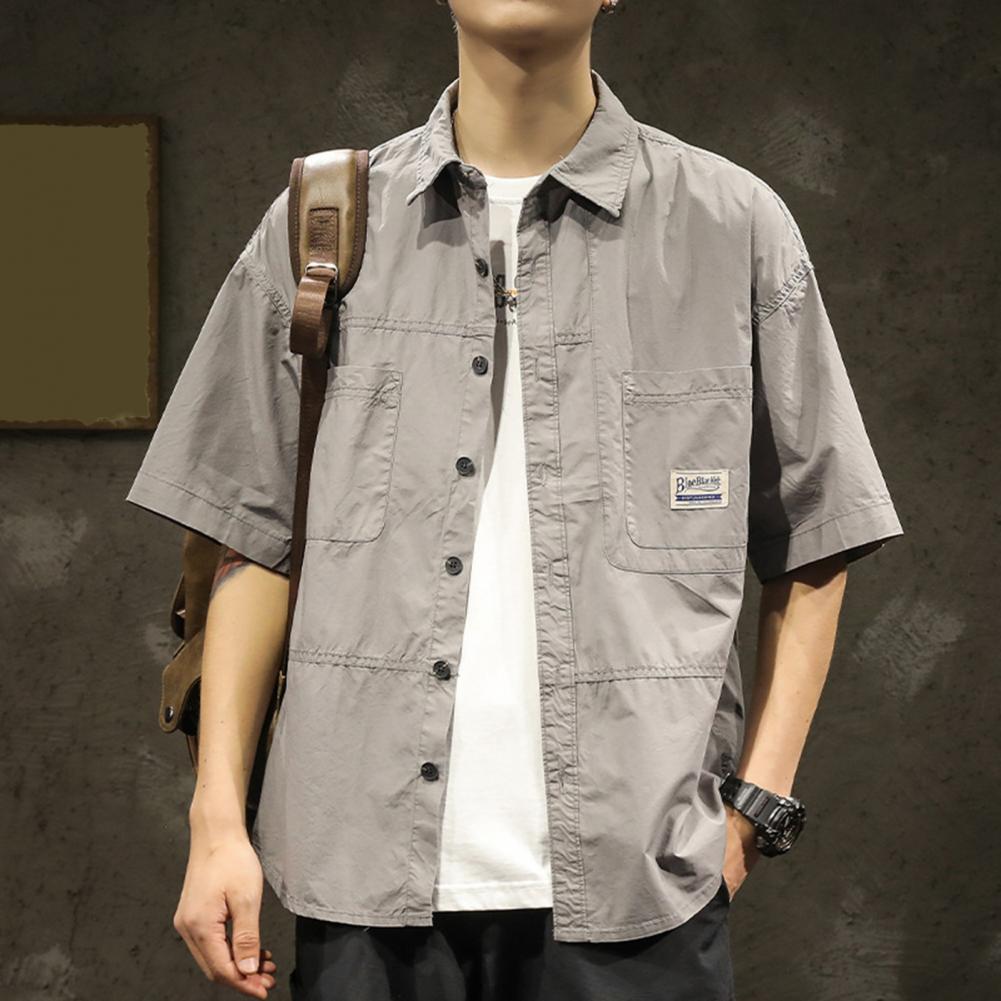 Spring Men Cargo Shirt Turn-down Collar Single-breasted Loose Mid Length Solid Color Chest Pocket Breathable Soft Short Sleeves