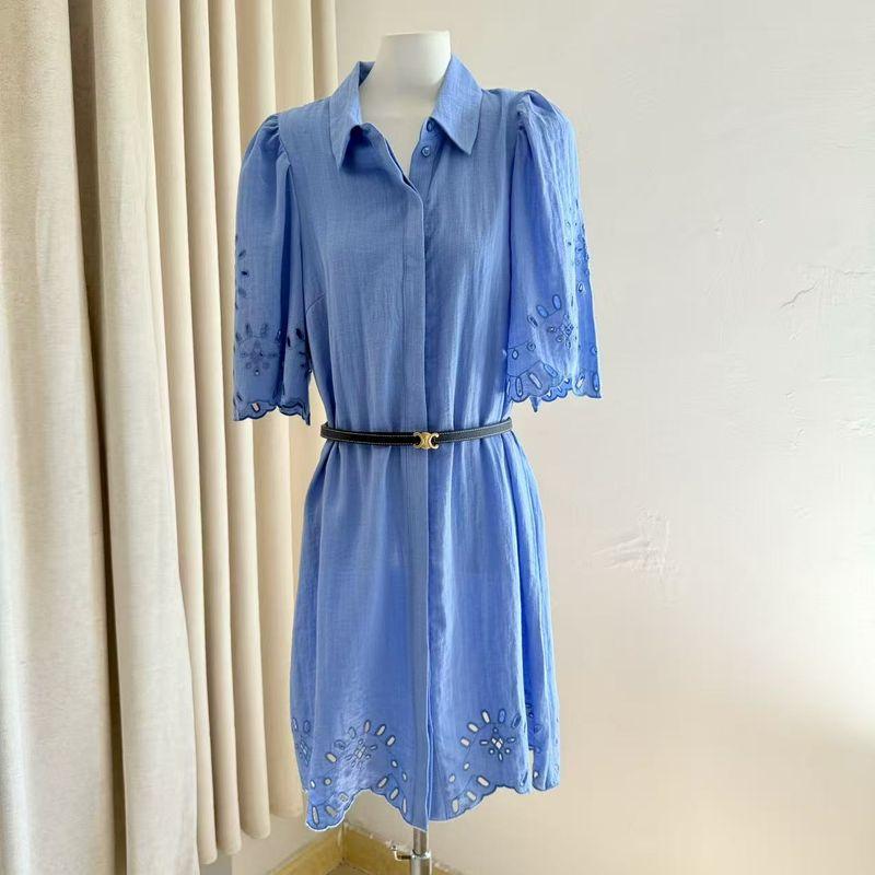 

European and American Single French style Hollow Niche Design Shirt Dress Blue XL