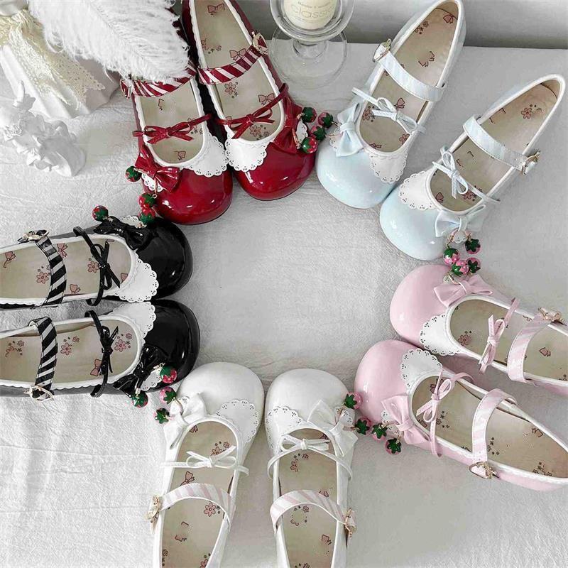 Japanese Strawberry Big Head Shoes Lolita Cute Round Head Low Heel Mary Jane Small Leather Shoes Medium Heel Girl Jk Uniform Shoes