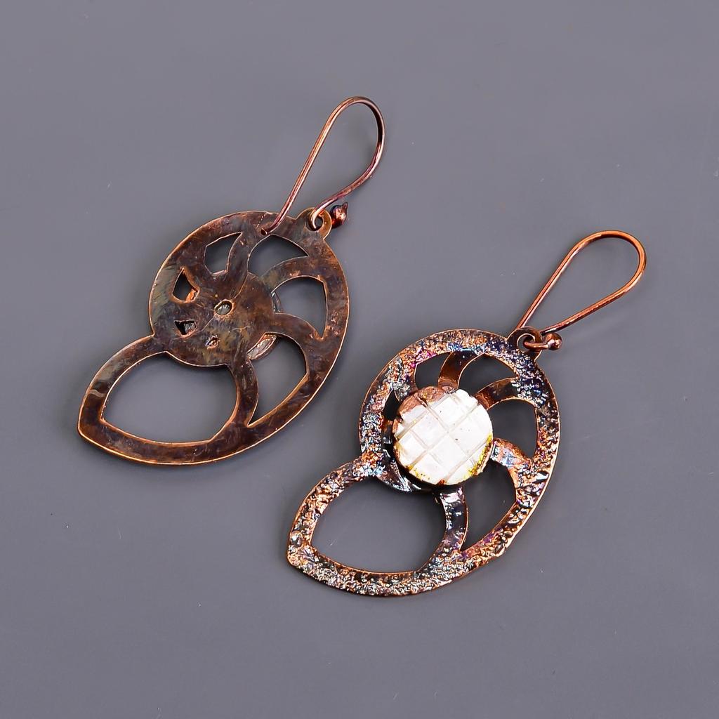 Round Mother Of Pearl Stone Copper Dangling Electroformed Sisters Gift Earrings V-108