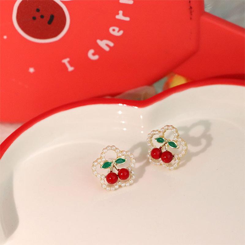 Sweet Lovely Pearl Cherry Stud Earrings For Women Girls Korean Style Jewelry Earrings Gifts