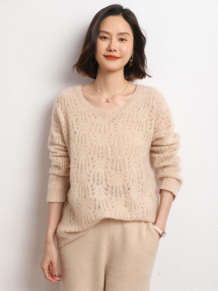 Women's Autumn Winter Cashmere Sweater - Hollow Design, Tree Grain, Round Neck, Long Sleeve, Loose Fit Pullover