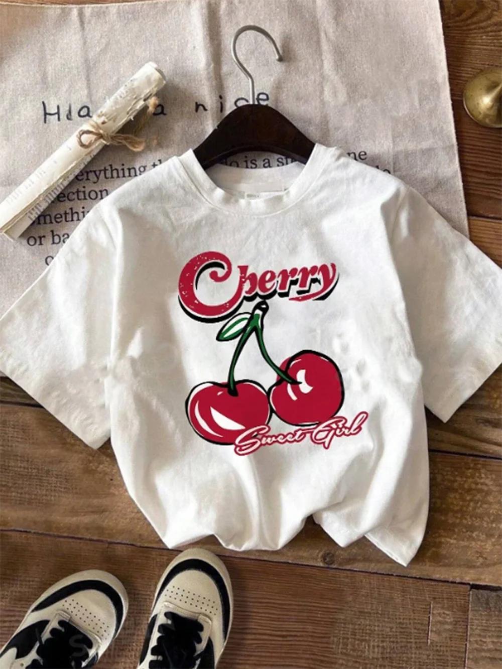 2025 New Womens White Round Neck Short Sleeve TShirt Casual Cherry Printed TShirt Suitable for Summer S