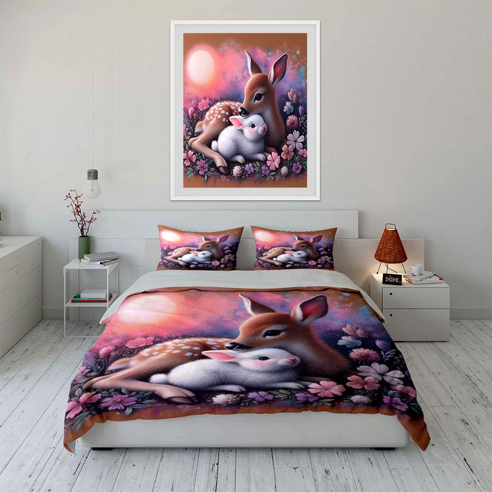 Deer and Rabbit Floral Scene Bedding Duvet Cover Set  (1*Duvet Cover 2*Pillowcases, without duvet insert)