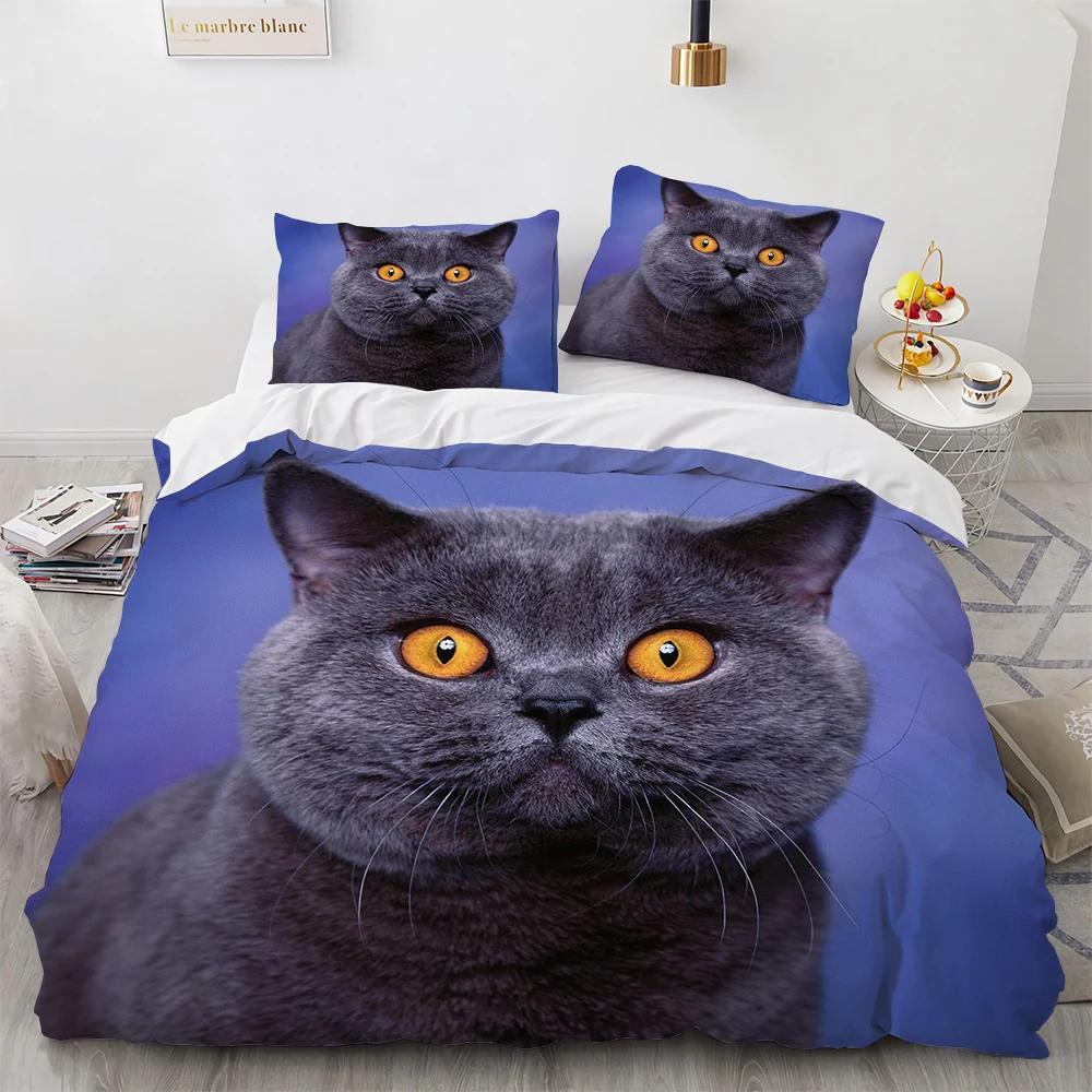 Watercolor Cat Duvet Cover King Queen Pet Kitty Bedding Set For Teens Adults Blue British Shorthair 2/3Pcs Polyester Quilt Cover