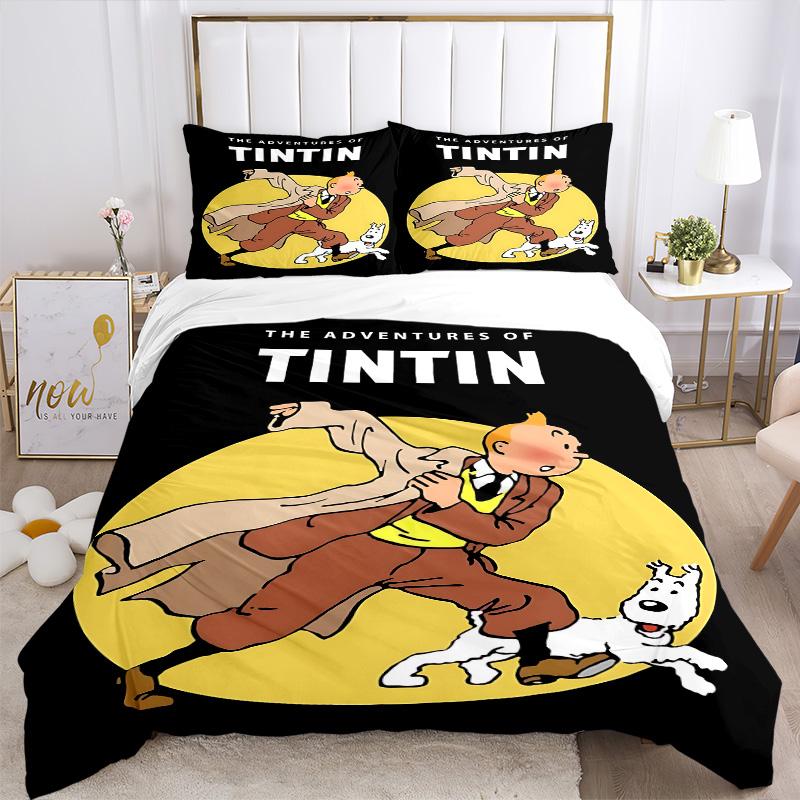 Tintins Dynamische Abenteuer Druck 3-teiliges Bettwäsche-Set Bettbezug mit 2 Kissenbezügen Zuhause Geburtstagsgeschenk