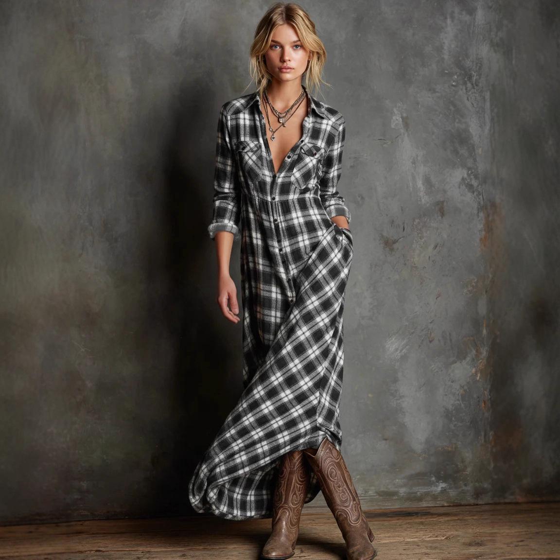 2025 Long-Sleeve Plaid Maxi Lapel Dress XX-Large
