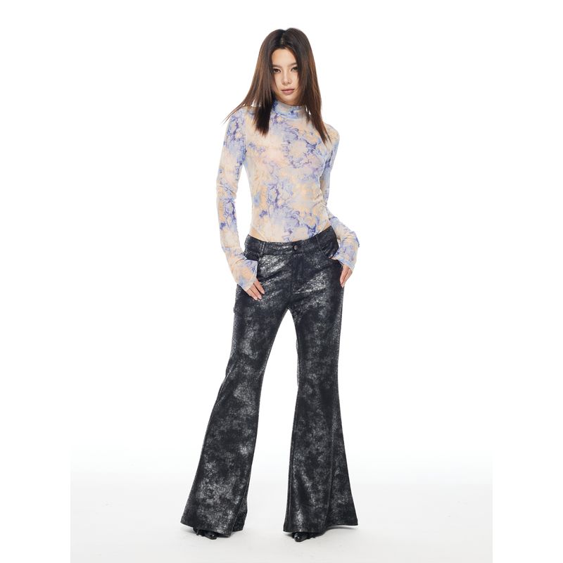 Thelight24 Early Autumn New Arrival Midriff Outfit Long Sleeves Mesh T-shirt Women's Small Turtleneck Sun Protection Shirt Tie-Dye Print Sexy