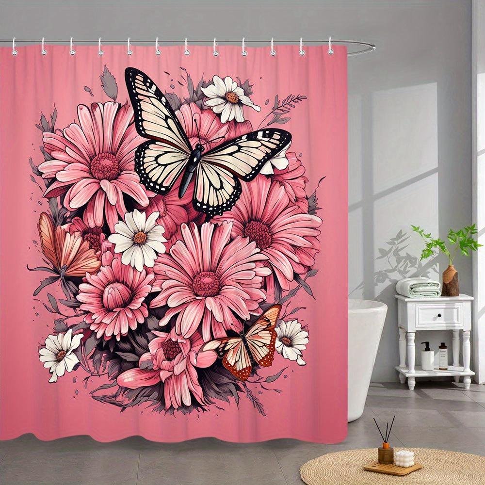 

1Pc Floral Daisy & Monarch Butterfly Shower Curtain - Pink & White Bouquet Botanical Illustration, Soft Polyester Fabric W60H190(CM)-1 Pcs