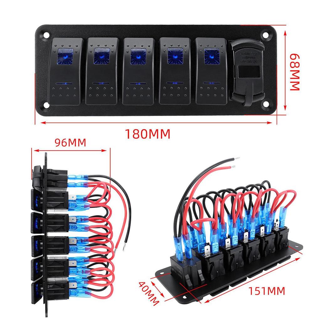 Rocker Switch Panel Blue Backlit Fast Charging for RV Marine Vehicles