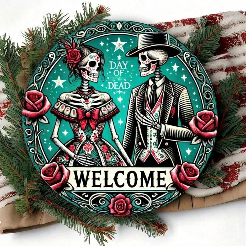 Vintage Day of the Dead Metal Sign 8x8 Inch Round Tin Plaque for Home Bar Wall Decor