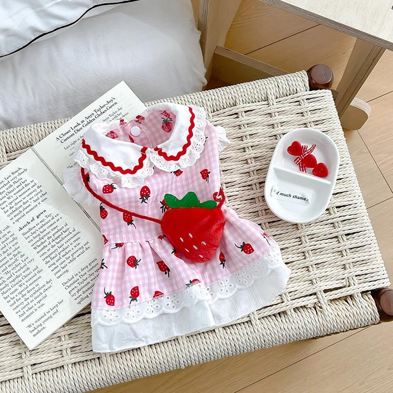 Cute Dog Strawberry Dress Ins Style Summer Spring Small Dog Plaid Strawberry Pattern Pet Clothes Cat Puppy Apparel Red Pink XS（old） розовый