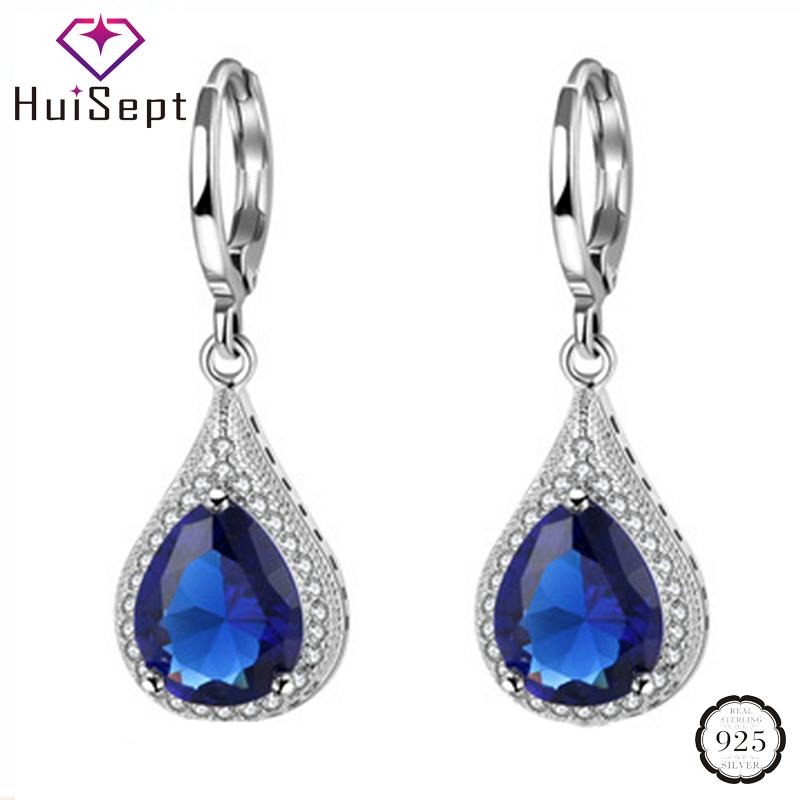 HuiSept Classic Earrings 925 Silver Jewelry Water Drop Shaped Sapphire Emerald Ruby Gemstones Earring for Female Wedding Party