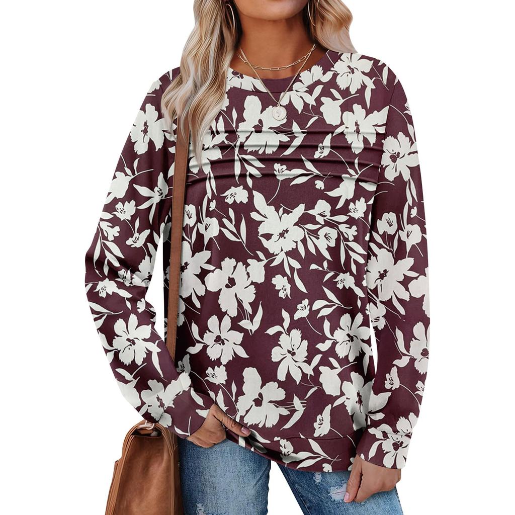 Women's Casual Long Sleeve  Round Neck Sweatshirt Fit Pleated Top