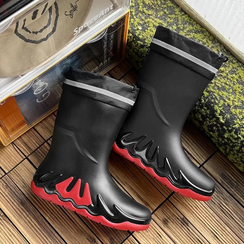 Young Motorcycle Fleece-lined Winter Men's Rain Boots Print Biker Warm Pvc Waterproof New Fishing Work Original Mud Male Shoes