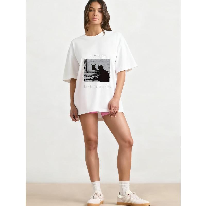 Oversized T Shirt Black Cat Graphic Print I Do Not Think Therefore I Do Not Am Text Design Casual Streetwear Fashion Women Summer Top