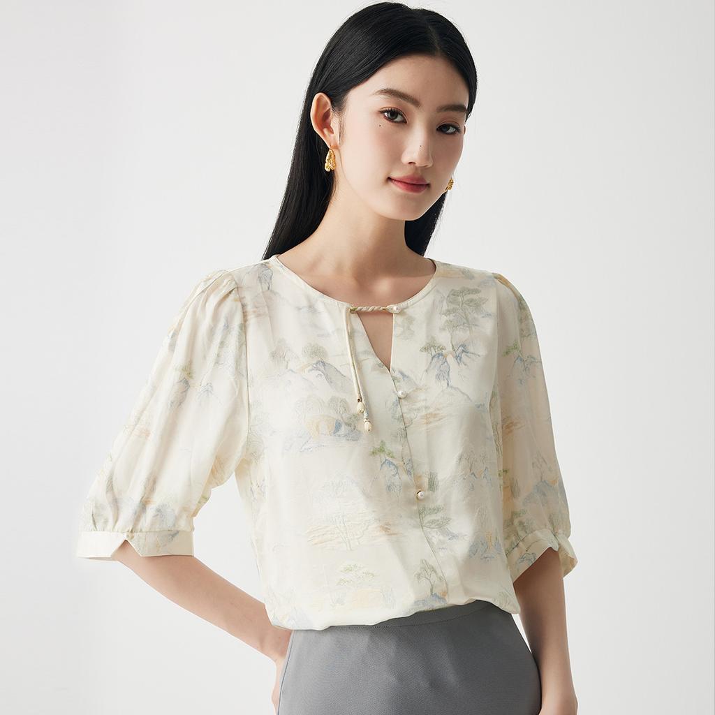 100% Mulberry Silk Round Neck Elegant Artistic Jacquard Silk Top Women's T-shirt