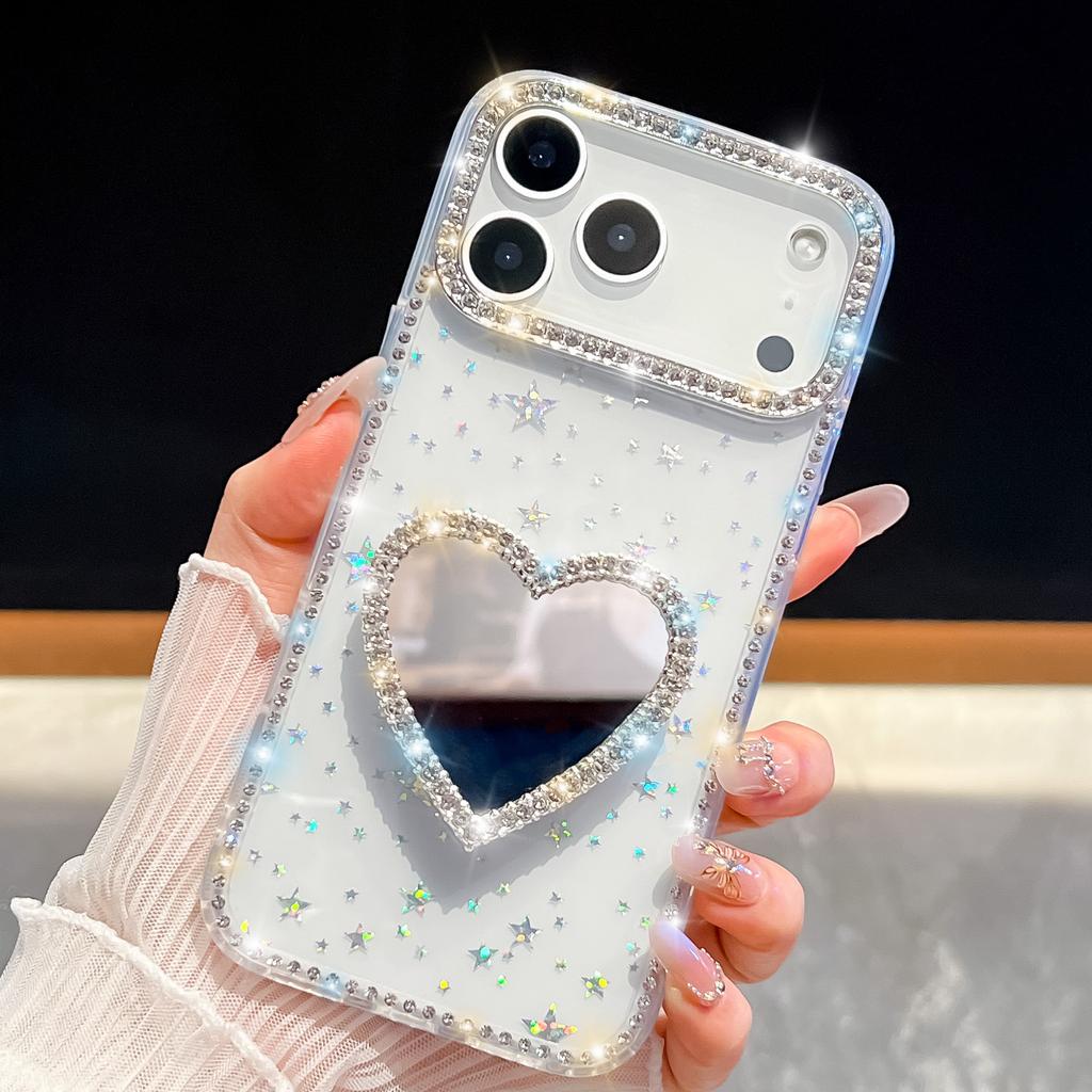 Diamond Frame Glitter Clear Phone Case For Iphone 16 Plus 15 14 13 Pro Max 16e 16promax 15promax 3D Love Heart Mirror Holder