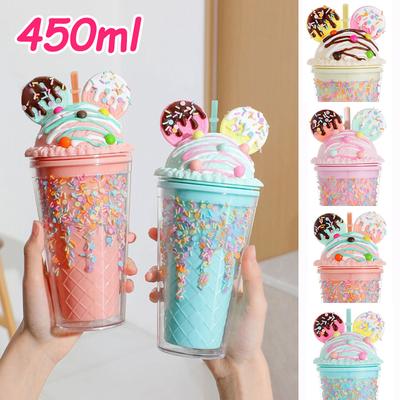 Pro 450ml roztomilý hrnek se slámkou, víčka se zmrzlinou pro Stanley Tumbler, opakovaně použitelné plastové kelímky, letní nádobí na studené nápoje, dívčí láhev na vodu G